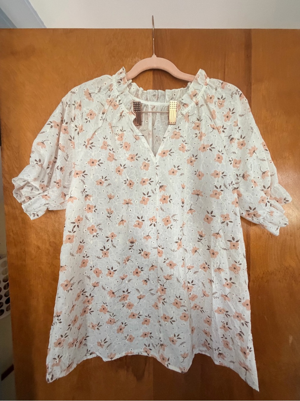 Floral Ruffle Neck Women's Blouse - Peach on White